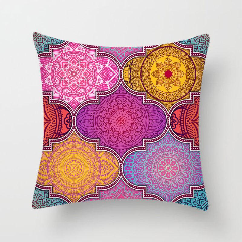 Household Stitching Colorful Mandala Printed Pillow Cover Bedroom Sofa Cushion Peach Leather Velvet Cushion Cover