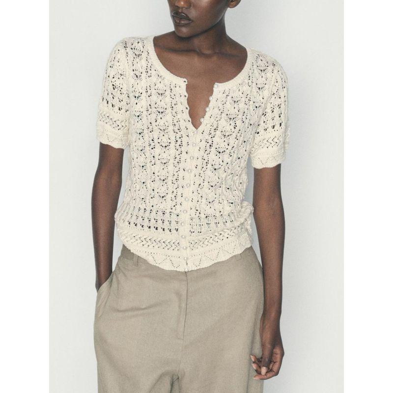 Za2024 Summer New Product Women's Clothes Artificial Pearl Decorated Row Button Mesh Knitting Short Sleeve Jacket 9598123 712