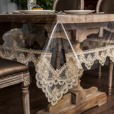 Nappe étanche en PVC Transparente Souple Dentelle Dorée Brodée Housse de Table Résistante à l'Huile pour Table Basse Plateau en Cristal