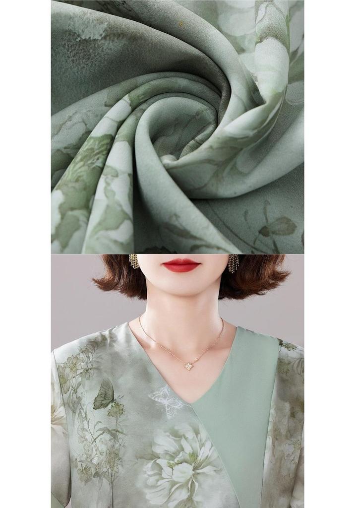 Mom's Summer Chiffon Dress: Stylish Short-Sleeve Belted Skirt for Middle-Aged & Elderly Women