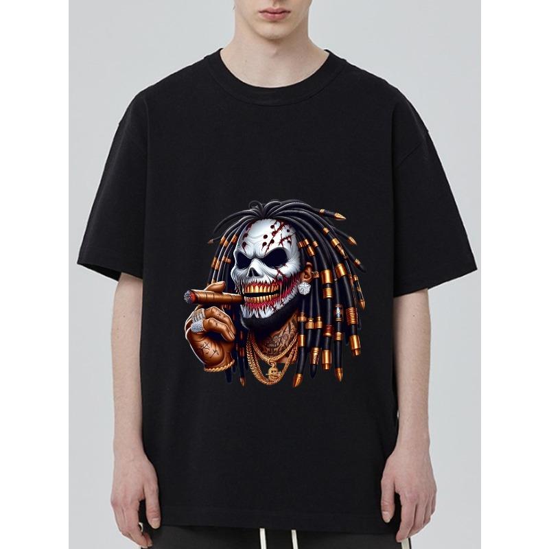 Black T Shirt with Skull and Dreadlocks Print for Casual Wear