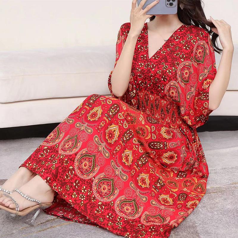 Ethnic Style V-neck Cotton and Silk Short-sleeved Beach Dress Thailand Travel Dress Summer Print Vacation Floral Skirt