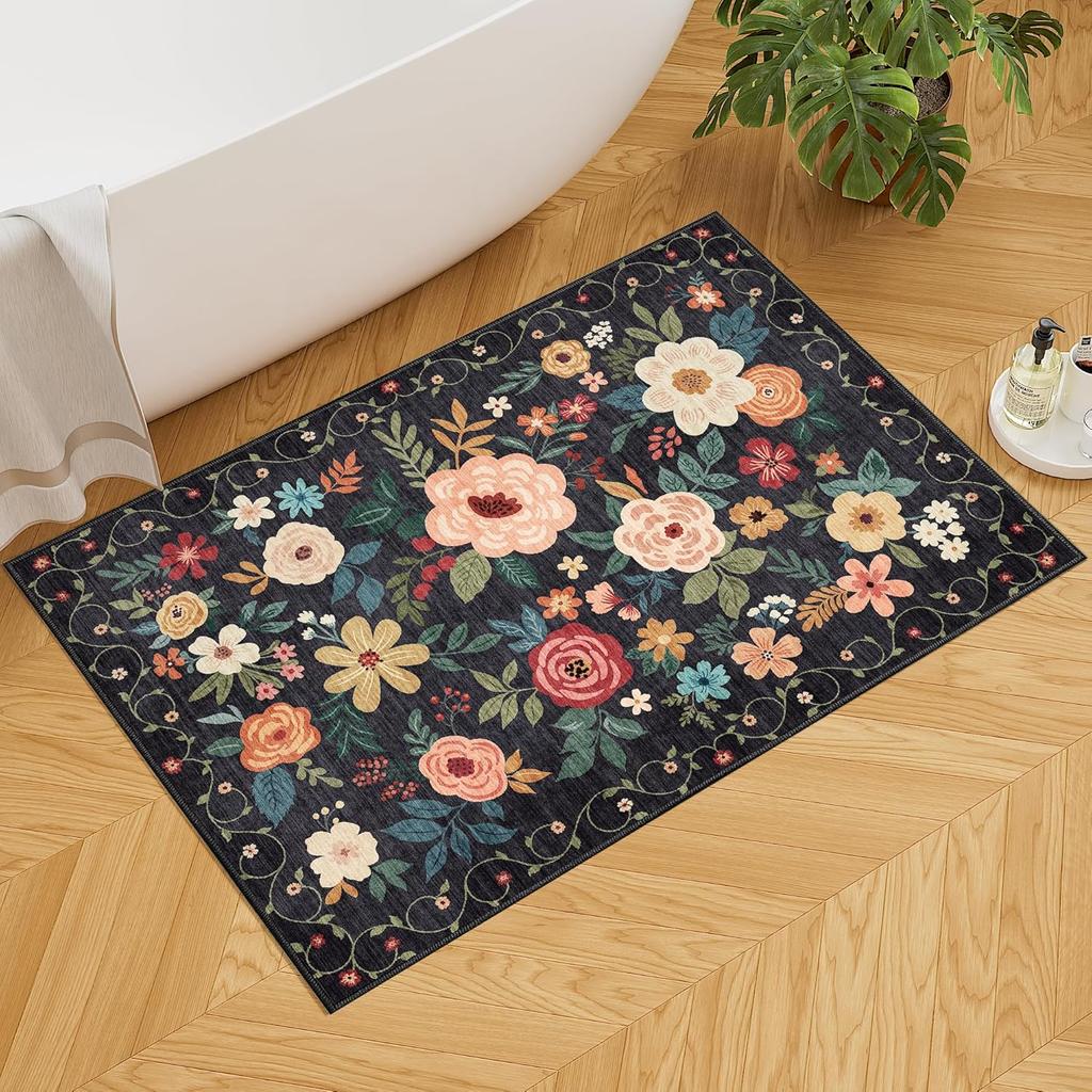 Floral Indoor Washable Door Mat, Non Slip Boho Small Rug for Kitchen, Soft Low Pile, Front Door Throw Rug for Entrance, Bedroom,