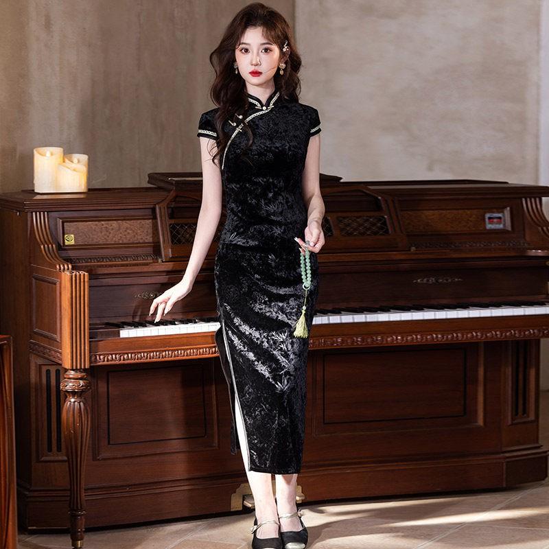 Black Velvet Sleeveless Long Cheongsam Dress 2026 Womens Elegant Modern Chinese Style Evening Gown