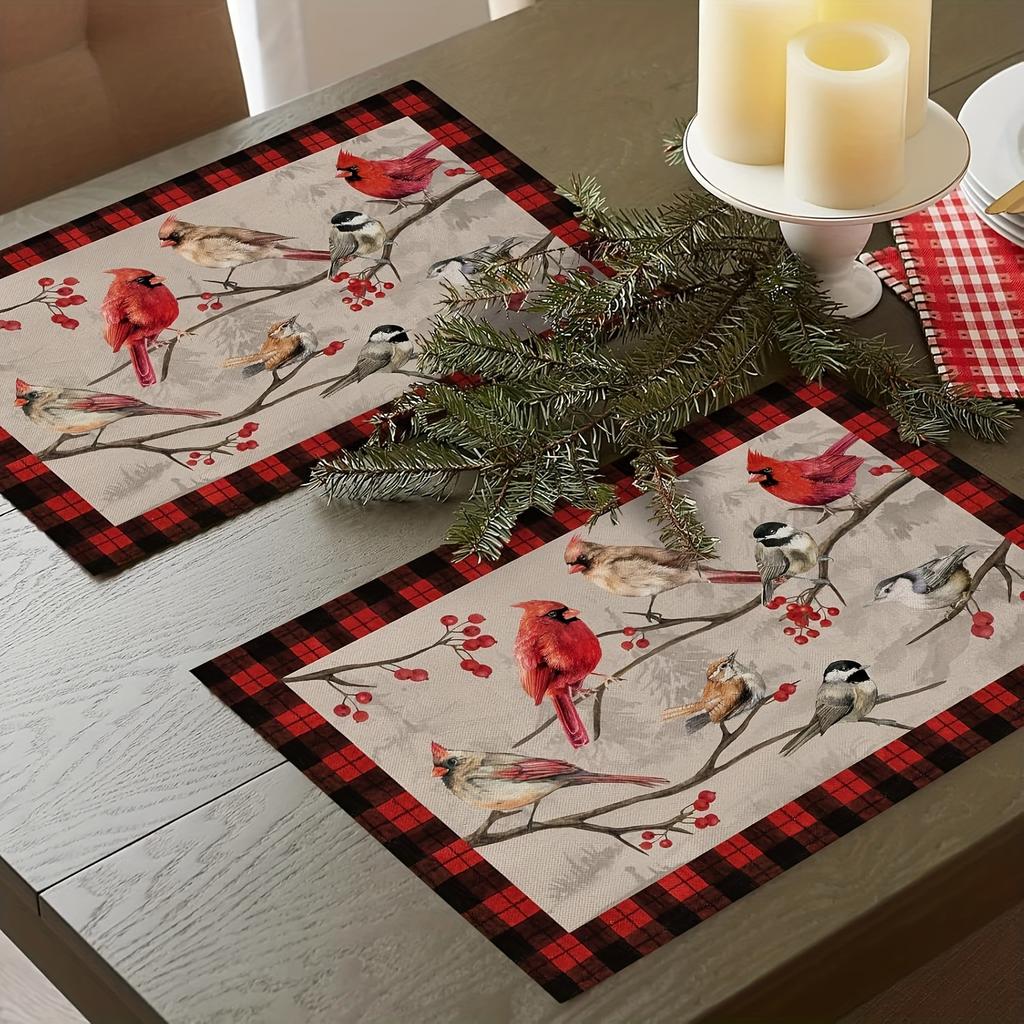 1-Pack Vintage Bird Branch Plaid Linen Placemats,Christmas Farmhouse Holiday Party Decor, Red Buffalo Plaid Design