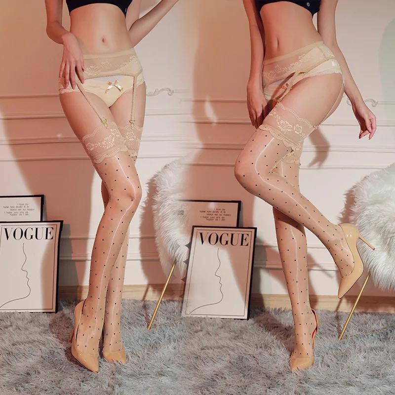 Women's Over Knee Long Tube Socks With Garter Belt Ultra Thin Aurora Dot Transparent Stockings Oil Shiny Stretchy Pantyhose