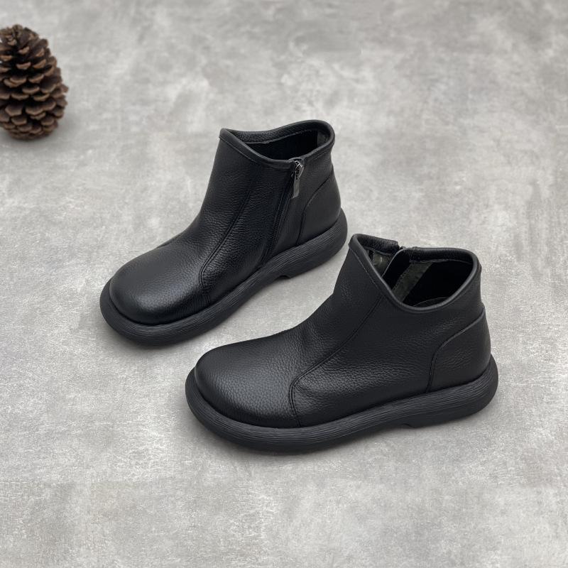 Round-toed Flat Casual Side-zipped Women's Shoes with Short Boots