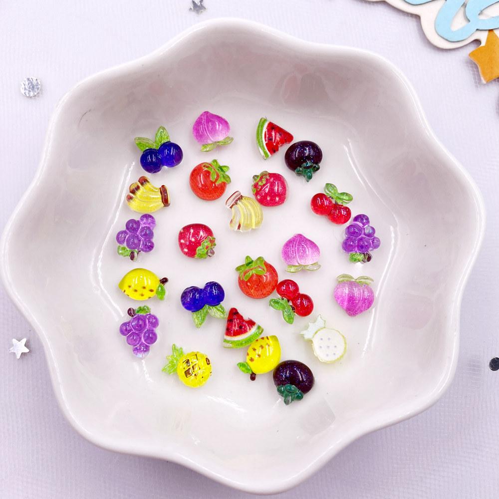 100pcs Resin Colorful Glitter Grape Cherry Tomato Fruits Nails Art Flat Back Rhinestone Appliques DIY Scrapbook Figurines Crafts
