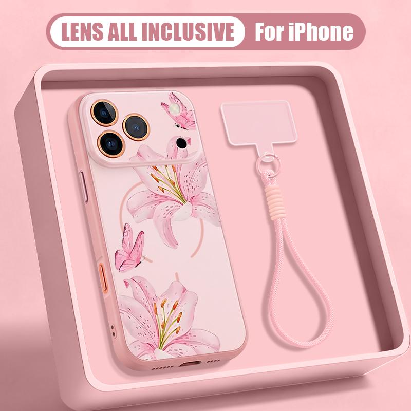 Watercolor Flowers Print Hand Strap Case For iPhone 17 Pro Max iPhone 16 15 14 13 Pro Max Magnetic For Magsafe Hybrid TPU+PC Matte Cover