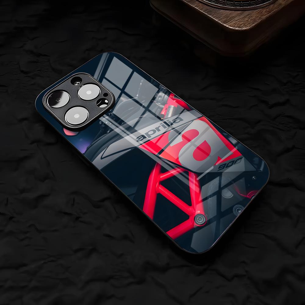Coole A-Aprilias Racing Handyhülle für iPhone 17 Air 16 E Pro Max 15 14 13 Mini 12 Pro 11 Max Plus Schwarzes Glas Cover