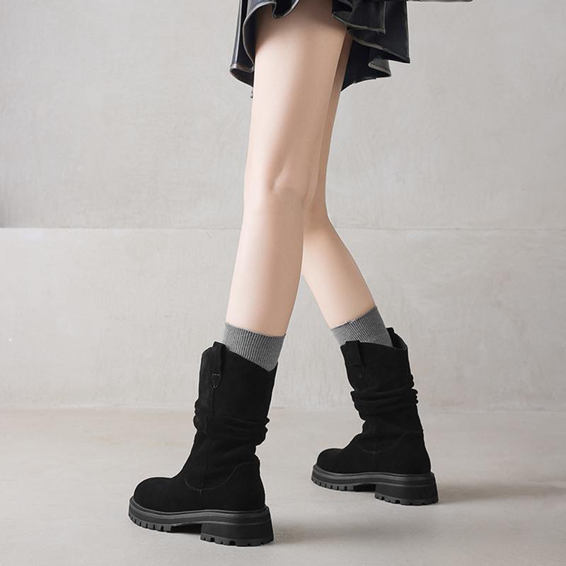 Krazing Pot Cow Suede Nubuck Winter Round Toe Western Boots Med Heels Pleated Decoration Women British School Mid-calf Boots