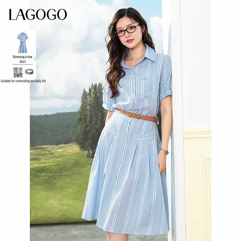 LAGOGO Plaid Lace Waist-Cinching Midi Dress M