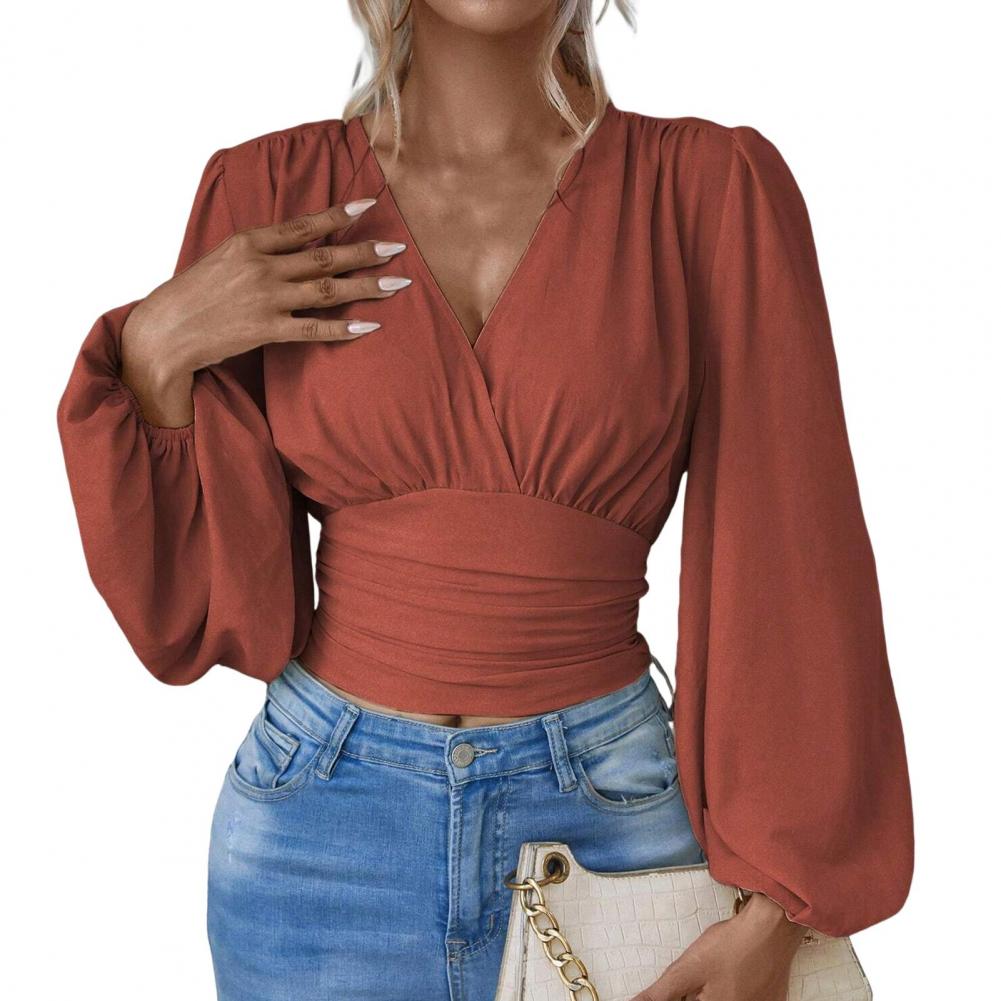 

Блузка с плиссированной талией, элегантная женская офисная рубашка с рукавами-фонариками, плиссированной талией и V-образным вырезом, мягкая, удобная для повседневного ношения XL кирпич красный