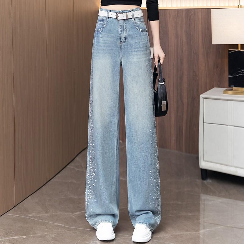 Women s Spring 2026 High-Waisted Loose Wide-Leg Jeans with Side Rhinestones Large
