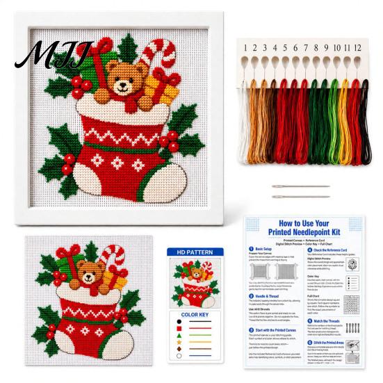 Festive Tabletop Decoration Kits DIY Christmas Needlepoint Kit, Holiday Cross Stitch Santa Snowman Elk Patterns, Theme Beginners Needlework Craft Kit