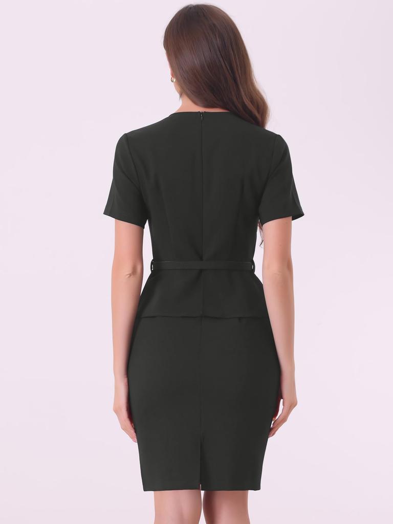Allegra K Women's Vintage Office Dress, Belted, V-Neck, Faux Two-Piece, Slim Fit, Casual, Short Sleeve, Black, Size XS