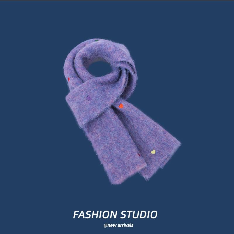 Warm Wool Fleece Scarf With Heart Embroidery Cross Neck Design Lightweight Cozy Winter Accessory Women