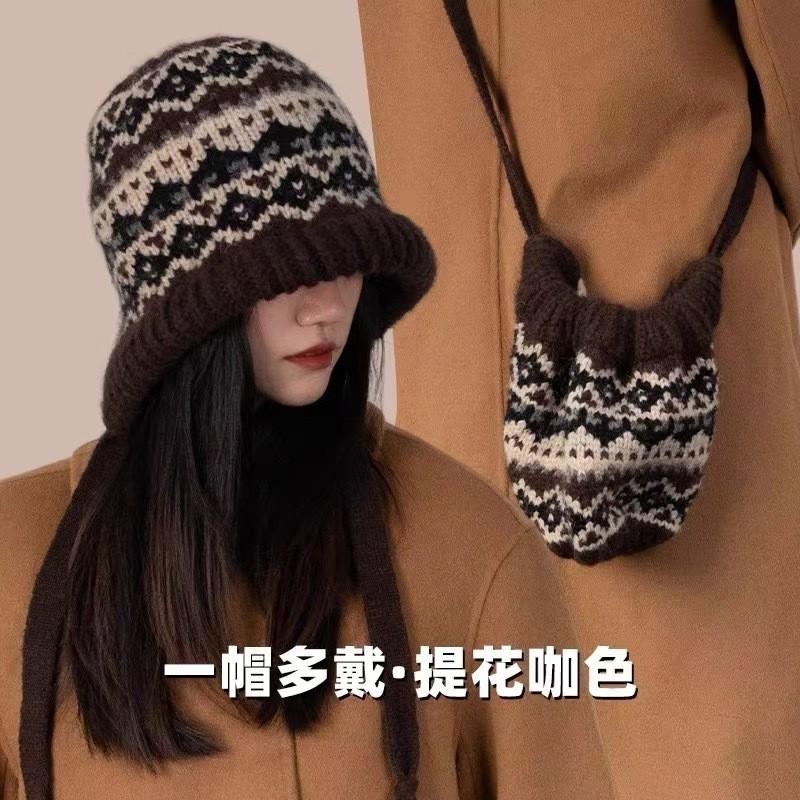 Fel Island Style Knitted Hat, Women, Winter, Balaclava Hat, Bag Dual-use, Warm, Plush Pile Yarn Hat