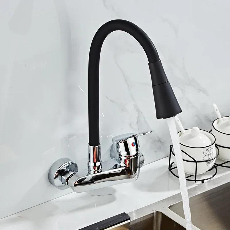 Kitchen Tap Household Wall Mounted Faucets Bathroom Mixing Tap Sink Swivel Tap Modern Flexible Hose Double Hole Faucet