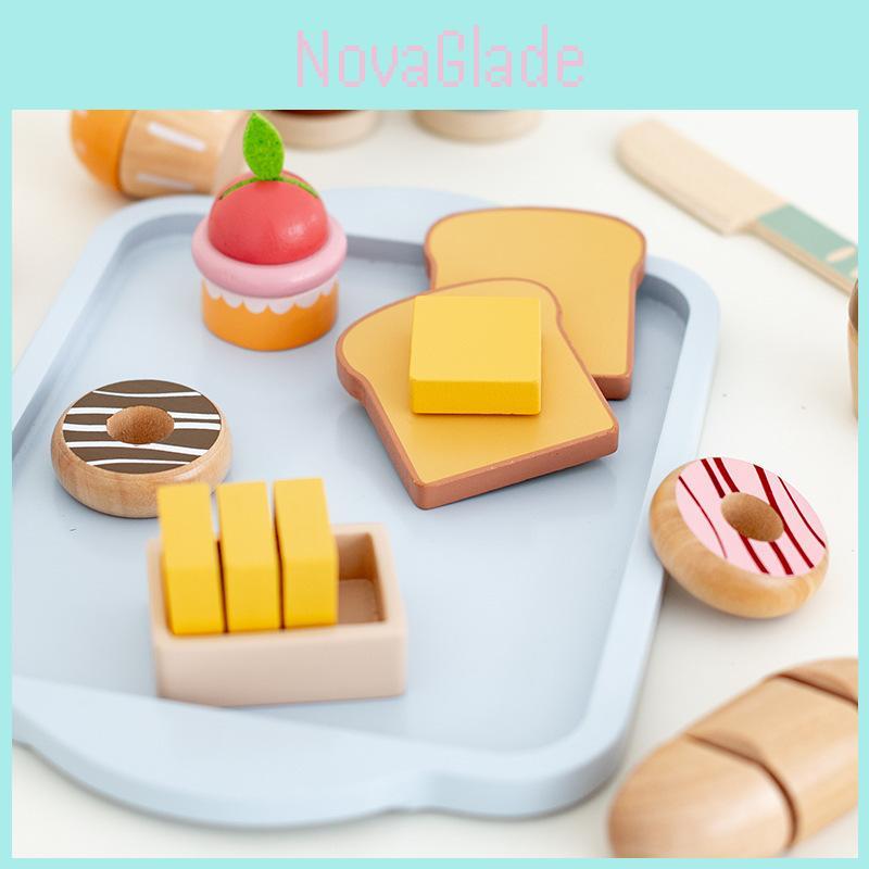 Wooden Kids Play Kitchen With Breakfast Food And Milk For Role Play And Cognitive Skills