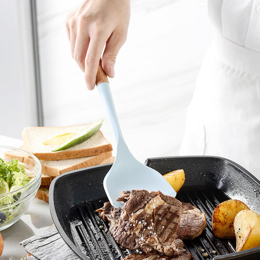 Blue Silicone Cooking Utensils Set Non-Stick Spatula Soup Spoon Eggbeater Food Clip Natural Wood Handle with Storage Box Kitchen Tools