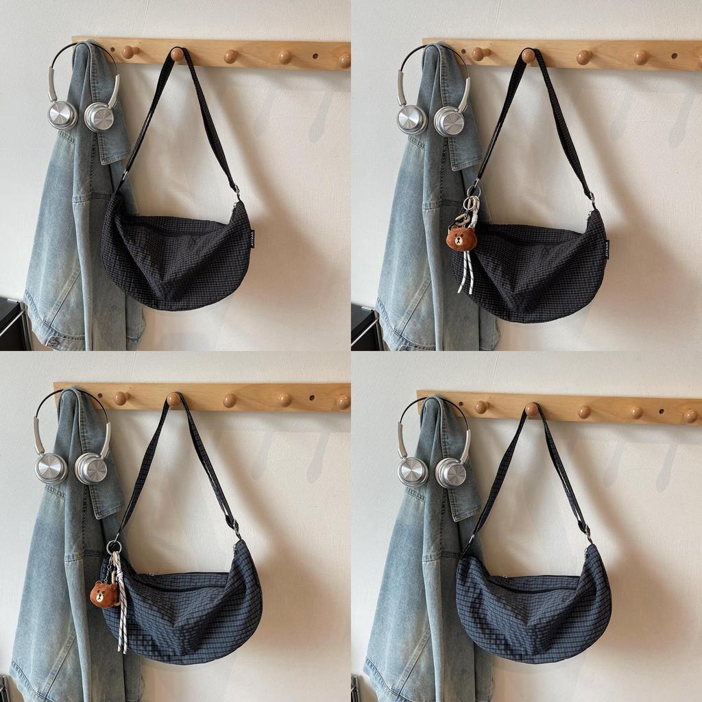 Nylon Plaid Shoulder Bag With Zipper Closure For Casual Daily Use