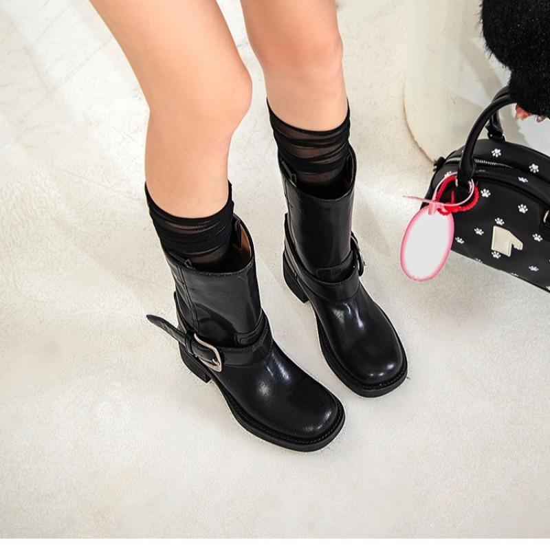 Trainee Blogger Vintage Belt Buckle Coarse Heel Black Medium Boots Women's Autumn Martin Boots Western Cowboy Boots