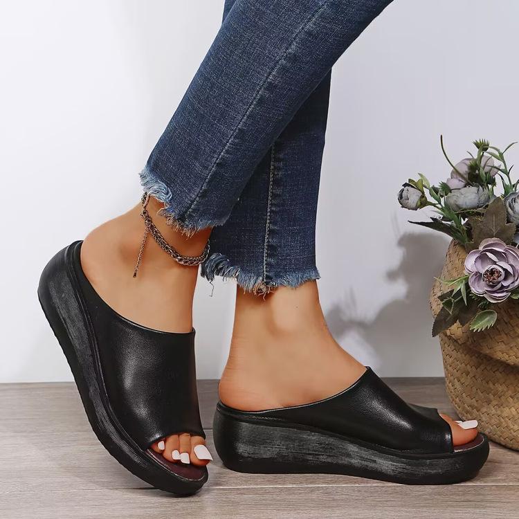 Slippers female summer wear slope heel fish mouth one-word drag muffin thick bottom retro