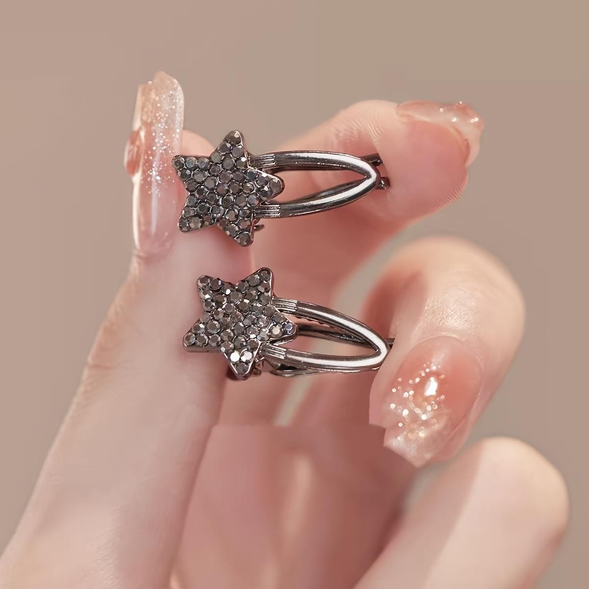 2-Pack Mini Forehead Hair Clips with Rhinestone Stars, Side Duckbill Clips, High-End Small Bangs Clips with Hairpins 2 Star Rhinestone Hair Clips