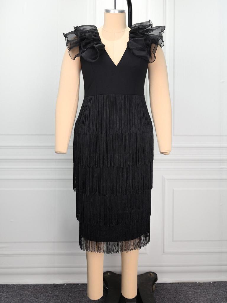 Elegant Plus Size V-Neck Tassel Dress with Ruffle Sleeves