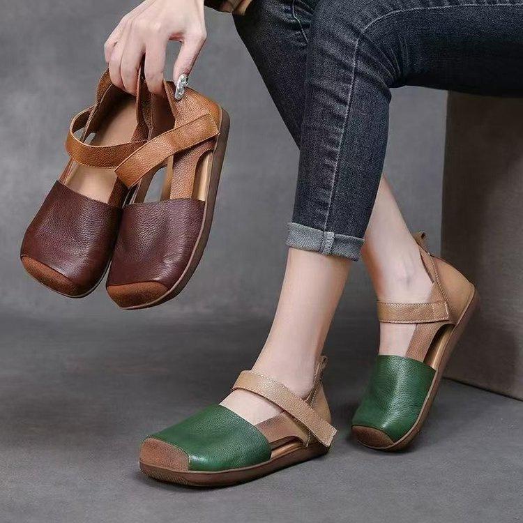 Summer Sandals Women's Flat Bottom Non-slip Hollow Bag Head Color Matching Cool Slippers Soft Leather Retro Literary Mary Jane Shoes Sandals