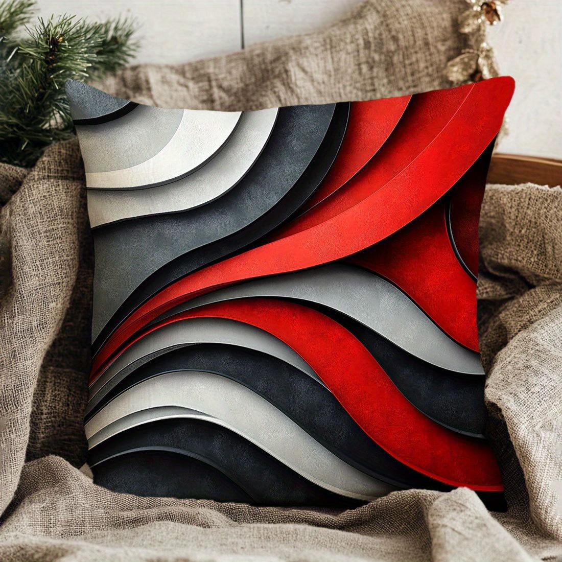 Pandara Jewelry Unisex Red/Black/Gray 1Pc Wave Geometric Throw Pillow Cover,Suitable For Sofa,Bedroom,Living Room,A Unique Gift For Modern Style Lovers