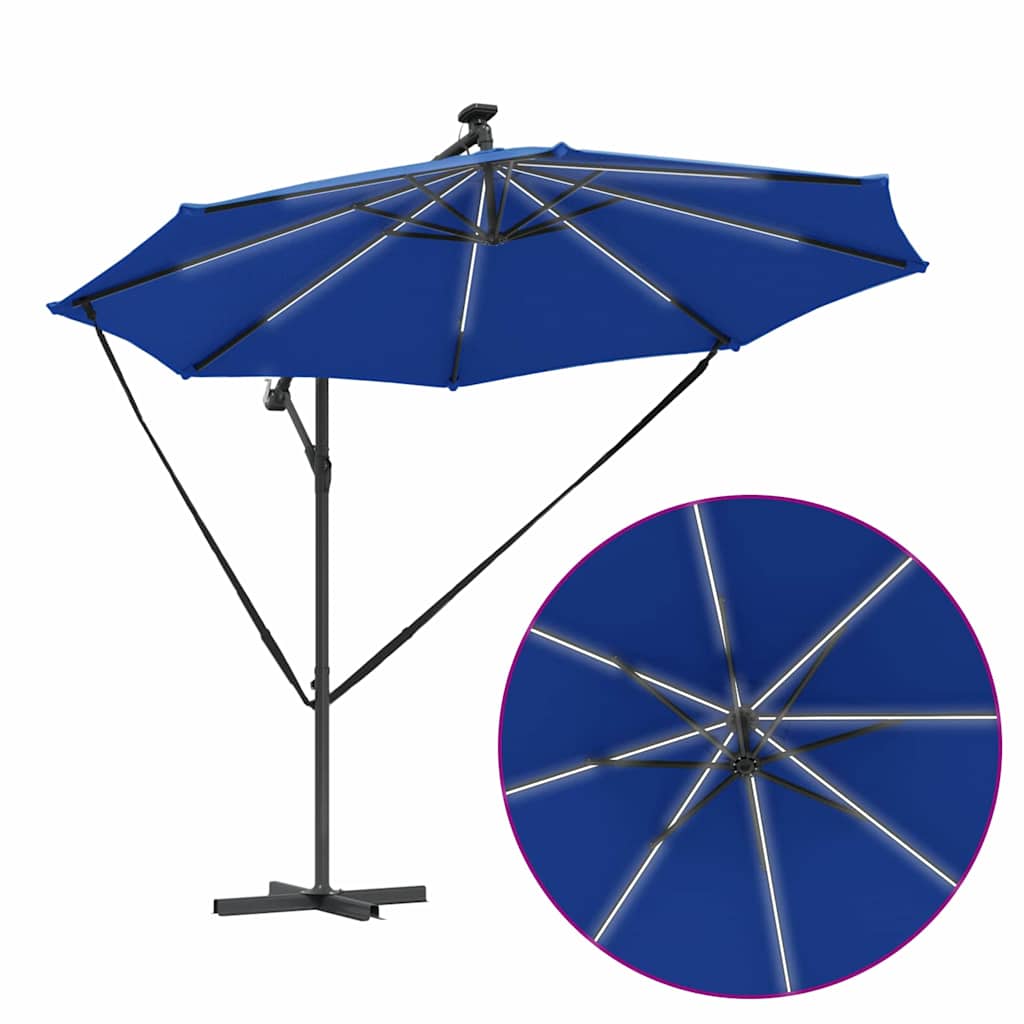 Azur Blue Solar Powered LED Strip Sun Umbrella 294 X 294 X 248 Cm