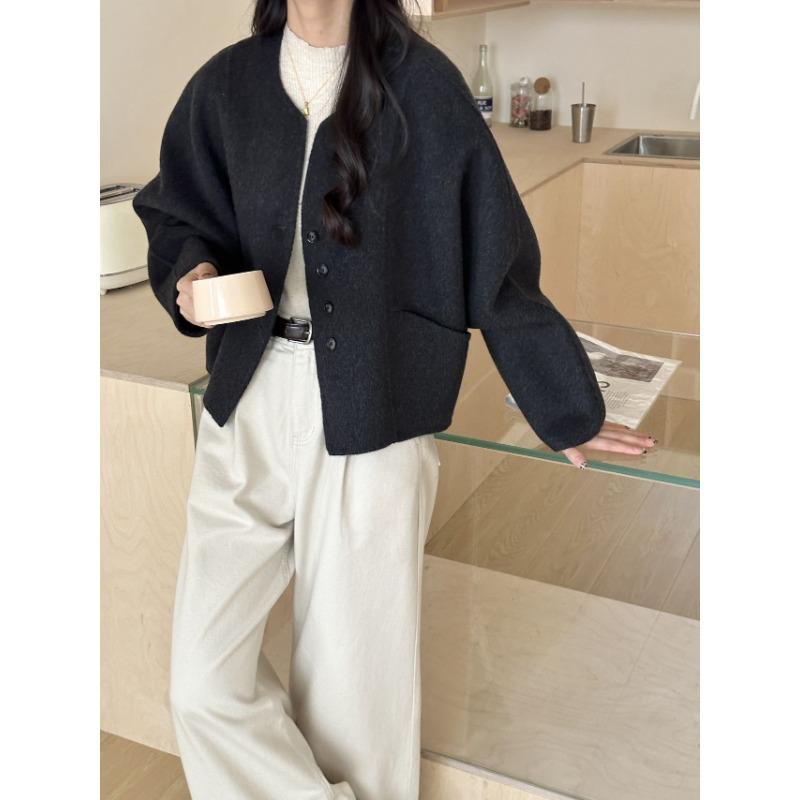 

Осенне-зимнее однотонное короткое однобортное двухстороннее шерстяное пальто для женщин, миниатюрное повседневное шерстяное пальто M