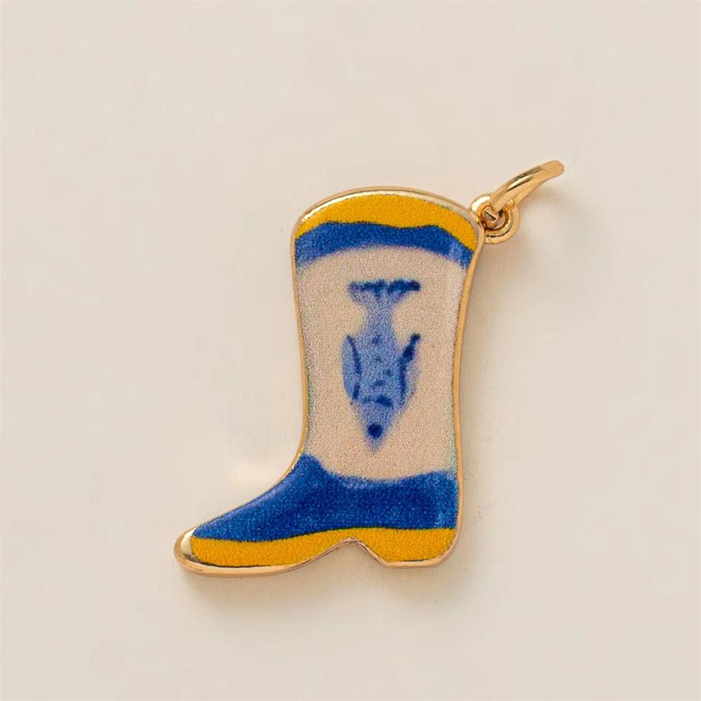Colorful Enamel Retro Pendant with Cowboy Boots, Horseshoe, and Cross Charms in 18K Gold Copper