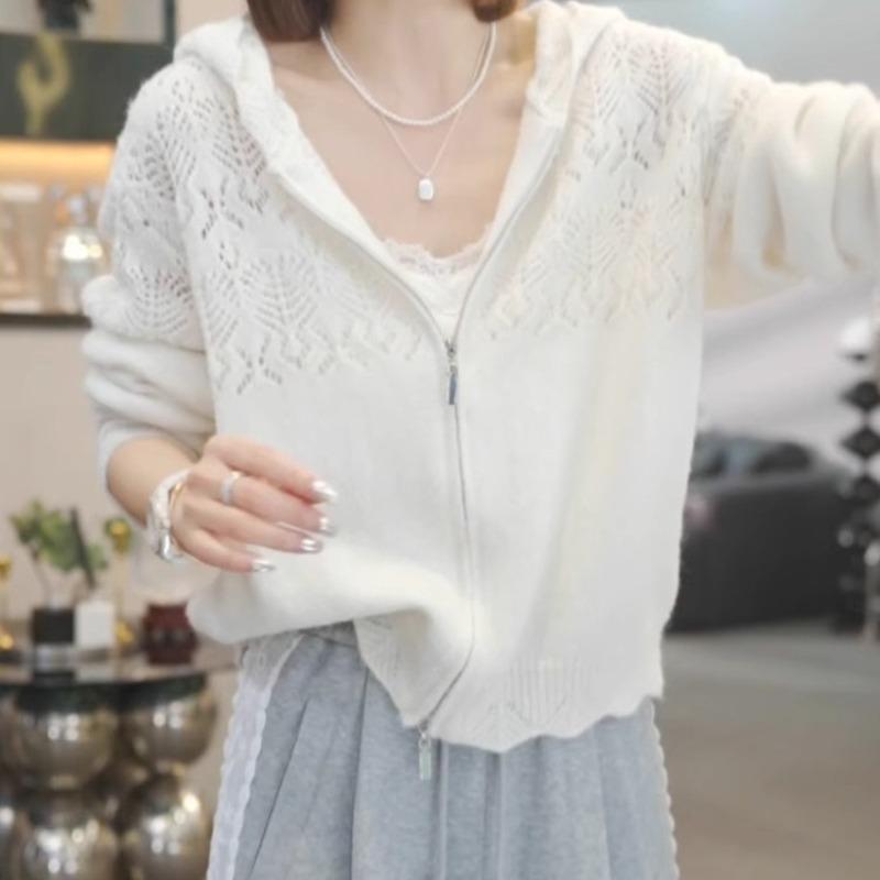 Hollow Hooded Knitted Cardigan for Women in Spring 2025 New Style Versatile Casual Sun Protection Jacket Top