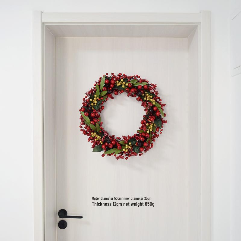 Handmade Christmas Wreath with Red Berries & Green Leaves on Steel Ring for Door Decoration