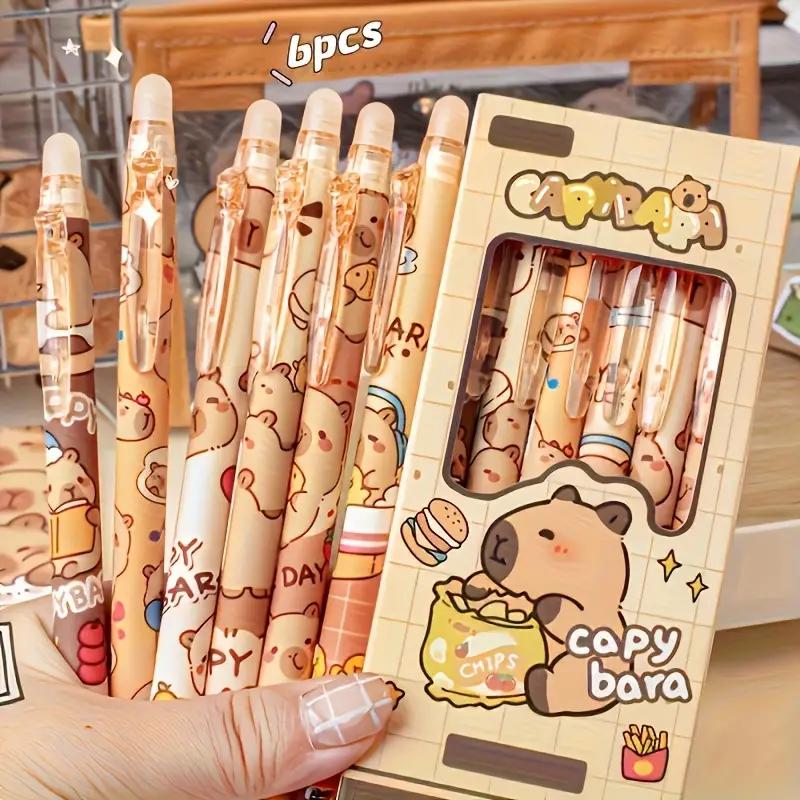 

6 Cute Capybara Erasable Pens 0.5mm Fine Tip, Quick-Dry Ink, Retractable Rollerball w/ Eraser, Yellow-Brown, Office & School