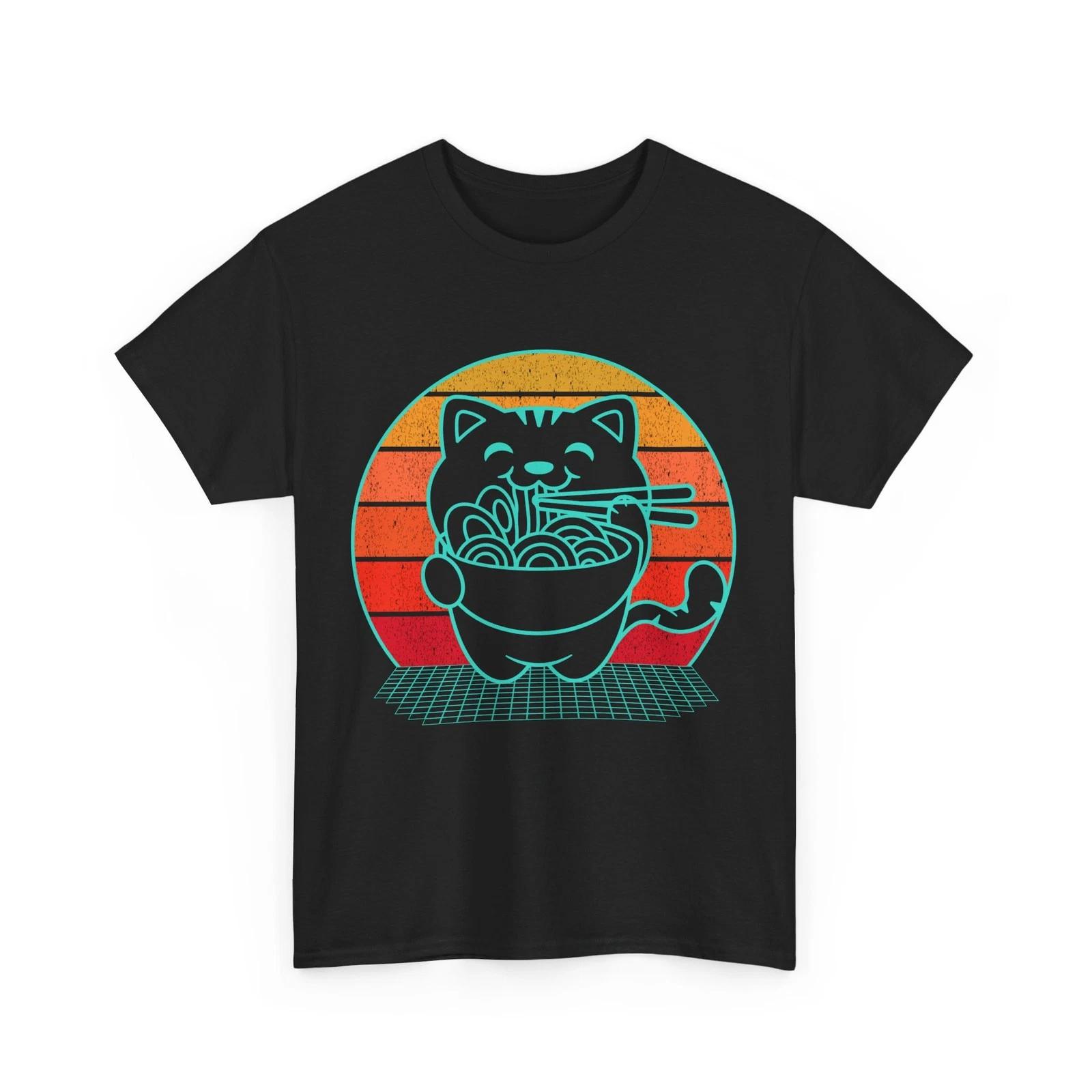 Anime Cat Shirt, Ramen Kawaii Cat Japanese Noodles Synthwave T-shirt 3XL