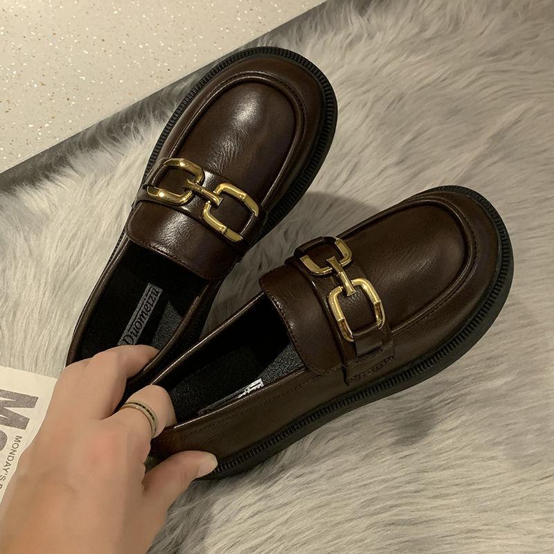 British style soft leather spring and summer small leather shoes women's 2025 new retro metal black single shoes small loafers