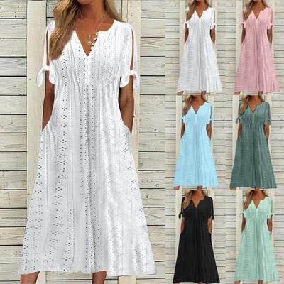 Off Shoulder Summer Maxi Dress for Women with Pockets Round Neck Short Sleeve Long Dress