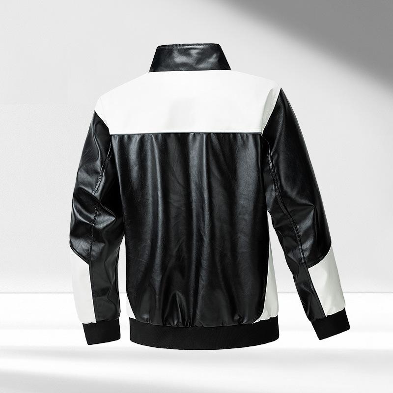 Fashionable and Versatile, Simple Autumn and Winter Color-blocked Stand-up Collar Leather Jackets, Motorcycle Jackets, Trendy Leather Jackets