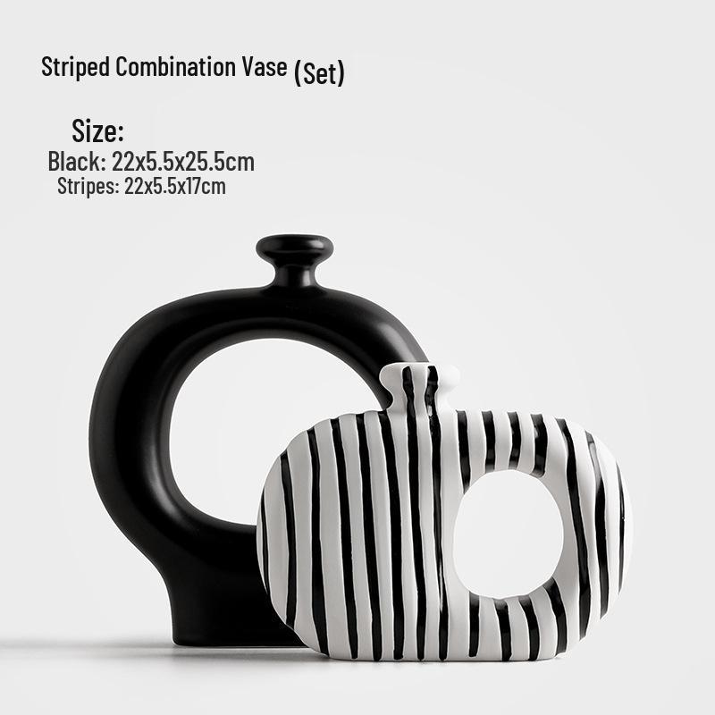Elegant Wabi-Sabi Ceramic Vase with Black and White Stripes - Perfect for Living Room Decoration and Floral Arrangements