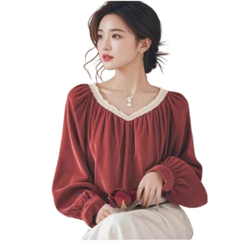 Ankola Red V-neck Bubble Sleeve Velvet Shirt Women's Autumn French Temperament Light Luxury Lace Splicing Top