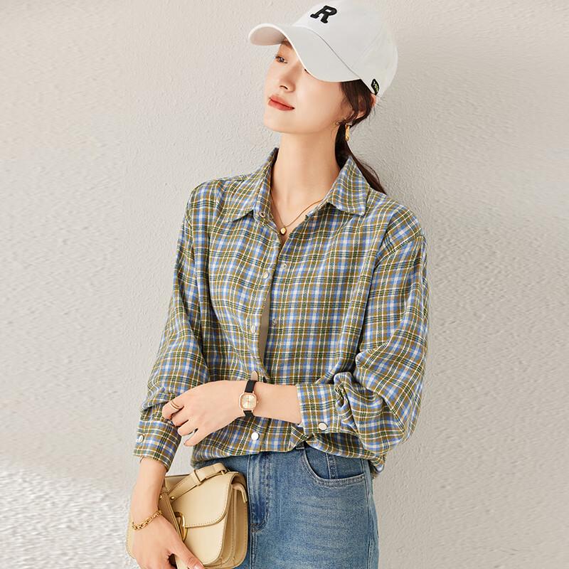 Women's Retro Green Plaid Long Sleeve Shirt