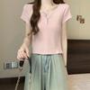 New Shoulder Slim-fitting Curved Round Neck Short-sleeved T-shirt Women's Short Button-up Summer Design Top