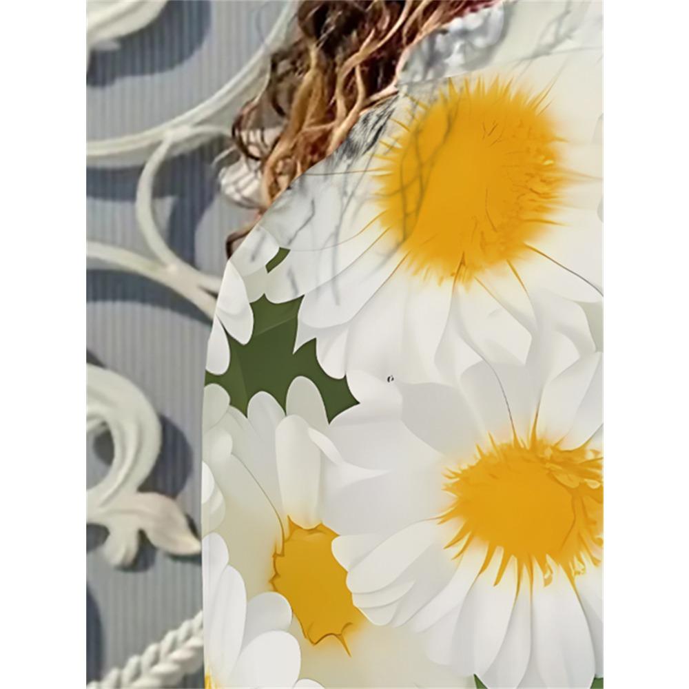Women's long-sleeved shirt full of white daisies, embellished with yellow stamens, green leaf substrate, fresh and elegant pattern