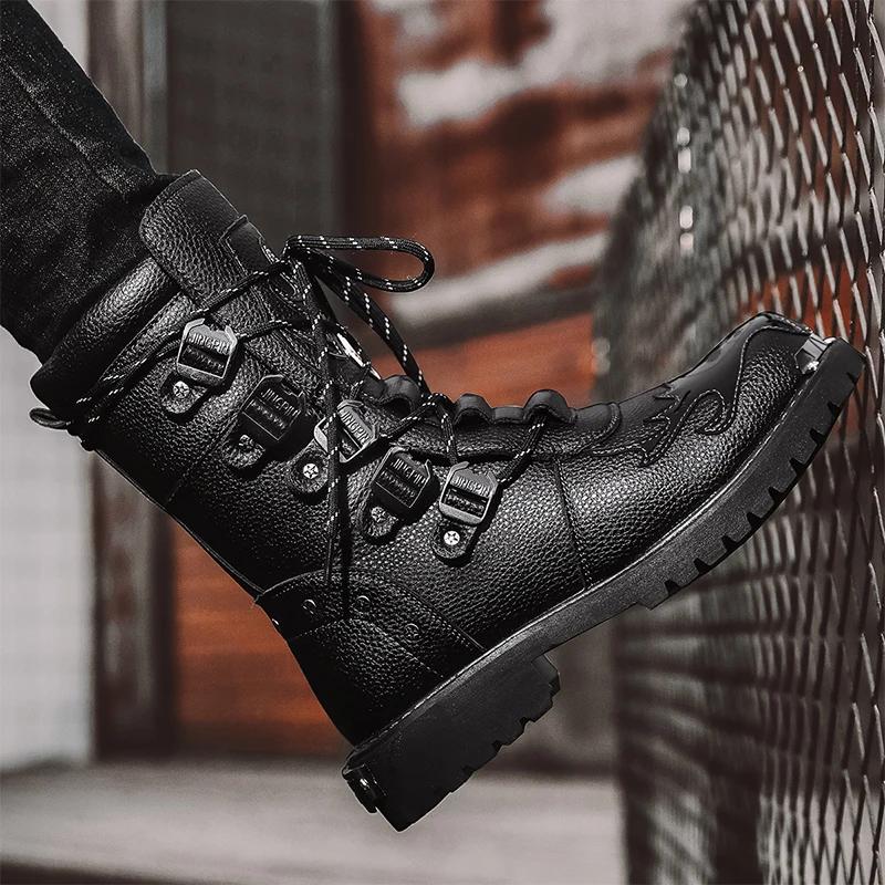 Men's Motorcycle Boots Fashion High Top Rock Punk Boots PU Leather Black Mid-Calf Gothic Mens Boots Outdoor Work Steel Toe Shoes