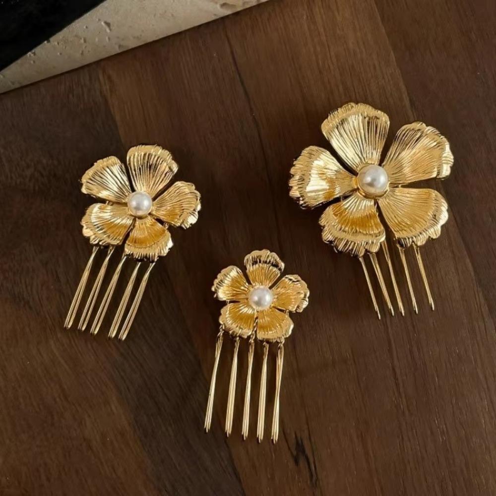 Fashion Pearl Flower Hair Comb Gold Side Clip Court Style Hairclip Alloy Hair Accessory For Women