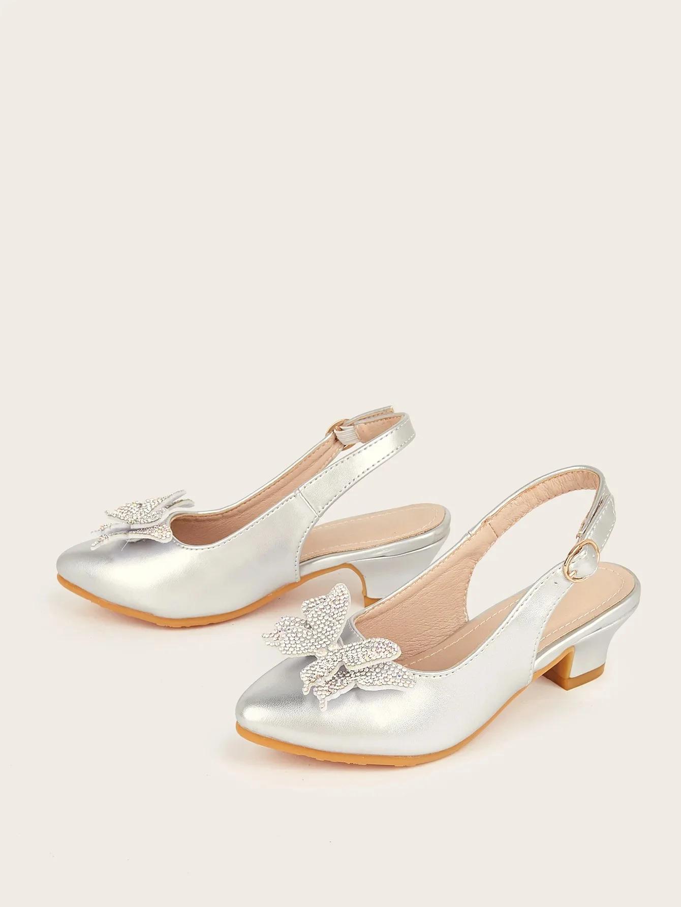 

New 2025 Kids Sandals High Heel Pointed Toe Butterfly Knot Shoes for Girls Age 7-12 Children s Single Shoes Comfortable Footwear 27 срібний